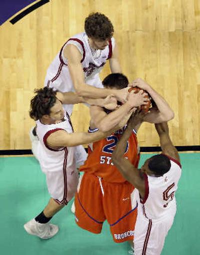 
A pack of Cougars surround BSU's Tyler Tiedeman in the paint. 
 (BRUCE TWITCHELL Special to The S-R / The Spokesman-Review)