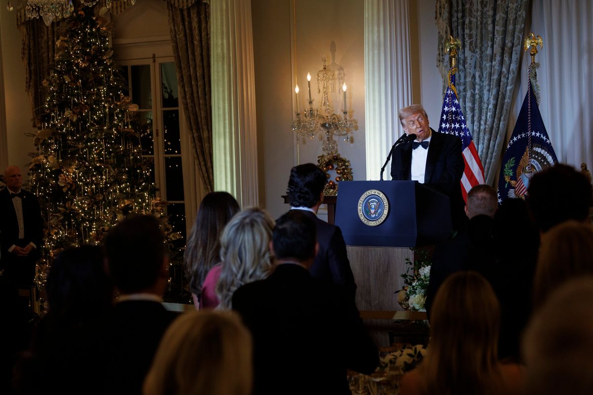 President Donald Trump speaks at a Kennedy Center Honors reception at the State Department in Washington, D.C., on Saturday. (Tom Brenner/New York Times )