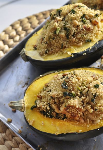 With their seedy insides scooped out, halves of acorn or other winter squashes – butternut, delicata, hubbard, kobacha – are perfect for stuffing. This recipe with chicken-and-kale filling comes together in about an hour and looks dramatic on a dinner plate. (Adriana Janovich)