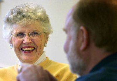 
Virginia Meyer, 81, laughs as a short story is read during a writing class at the Southside Senior Activity Center. 
 (Photos by Jed Conklin / The Spokesman-Review)