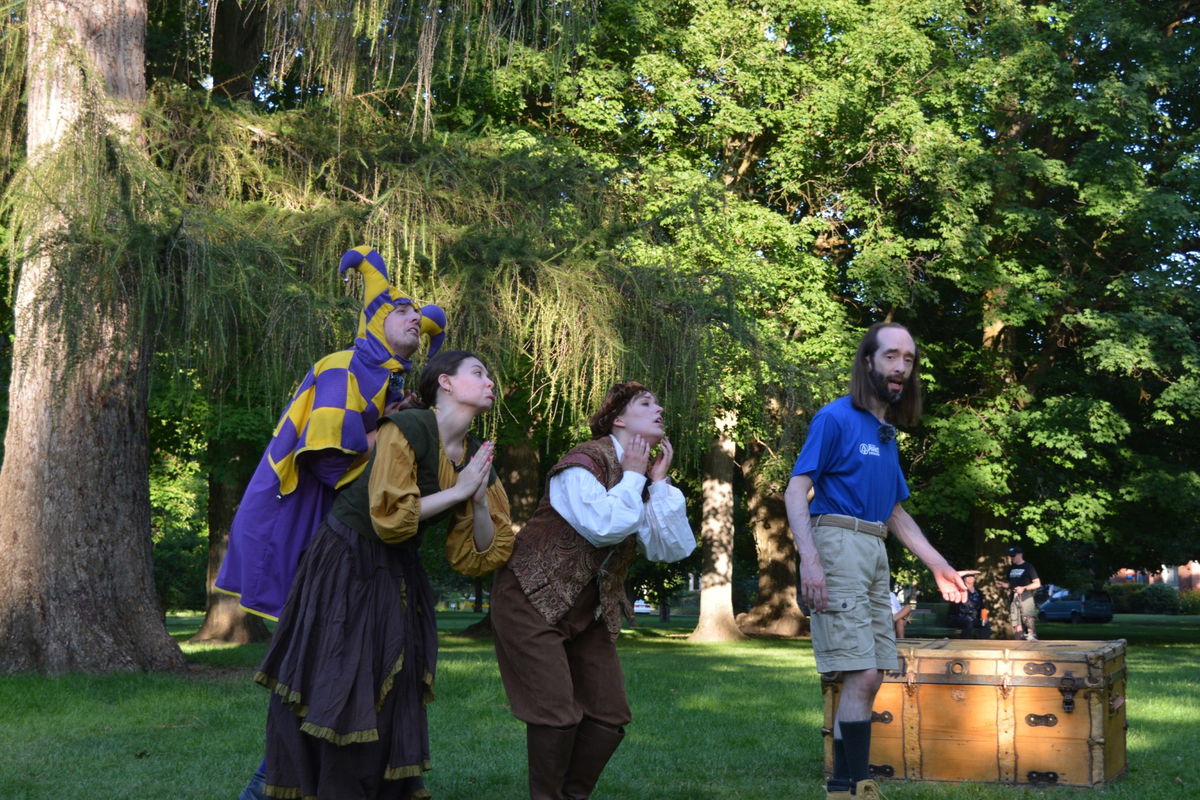 From left is Jeffrey St. George as Touchstone, Sydney Anderson as Celia, Abby Constable as Rosalind, and Christopher Lamb as Corin and Martext in Spokane Shakespeare Society’s production of “As You Like It,” which runs through Aug. 3.  (Courtesy of Carrie Bostick)