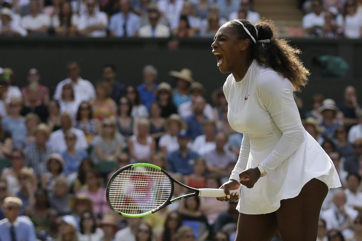 Serena Williams of the United States celebrates winning a point during her women’s singles final match against Germany’s Angelique Kerber at the Wimbledon Tennis Championships, in London, Saturday July 14, 2018. (Tim Ireland / Associated Press)