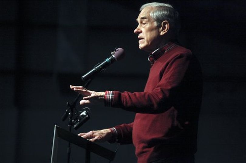 Republican presidential candidate Rep. Ron Paul, R-Texas, speaks at a campaign event at the Bonner County Fairgrounds, Monday, March 5, 2012, in Sandpoint, Idaho. (AP / Matt Mills McKnight)