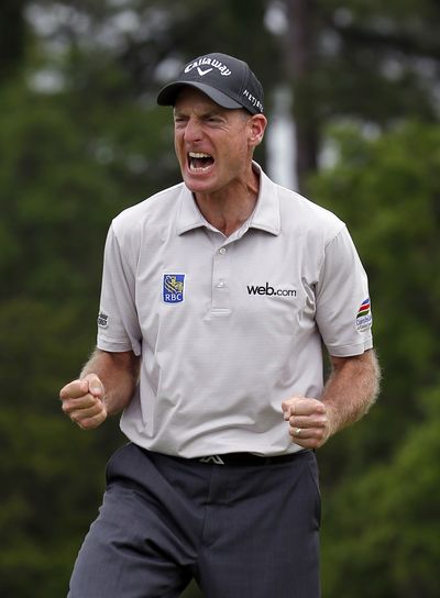Jim Furyk reacts after his winning putt in a playoff. (Associated Press)