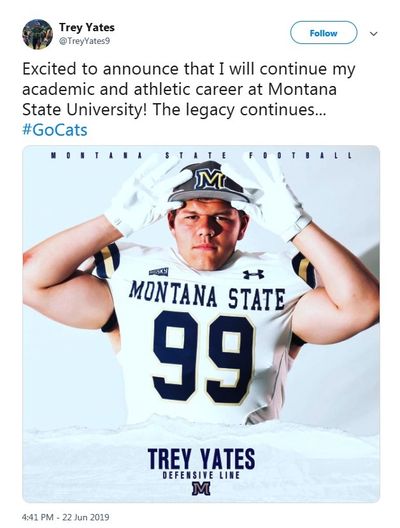 Colstrip's Trey Yates announced on Saturday afternoon that he will play college football for Jeff Choate and the Montana State Bobcats in 2020. 