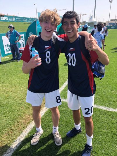 Dayton Larson, left, of University High School in Spokane Valley and his Team USA teammate, Said Dominguez of Las Vegas, are pictured during the Special Olympics World Games in Abu Dhabi on March 14-21, 2019. (Courtesy of Dayton Larson / Courtesy of Dayton Larson/ For The Spokesman-Review)