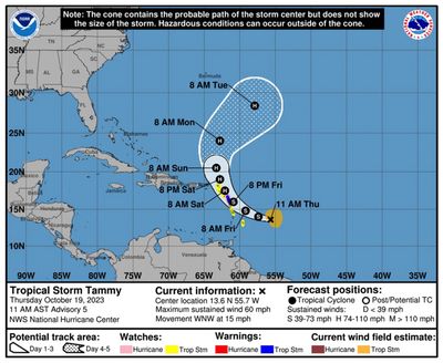 Tropical Storm Tammy is forecast to reach hurricane strength, with top winds of 80 mph, according to the National Hurricane Center.    (National Hurricane Center/TNS/TNS)