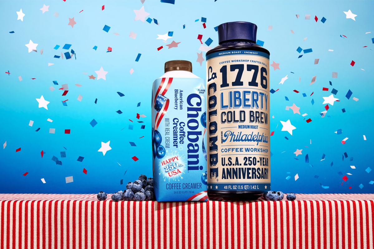 Chobani’s American Blueberry creamer and La Colombe’s limited-time packaging are available to celebrate America’s 250th anniversary. (Chobani)