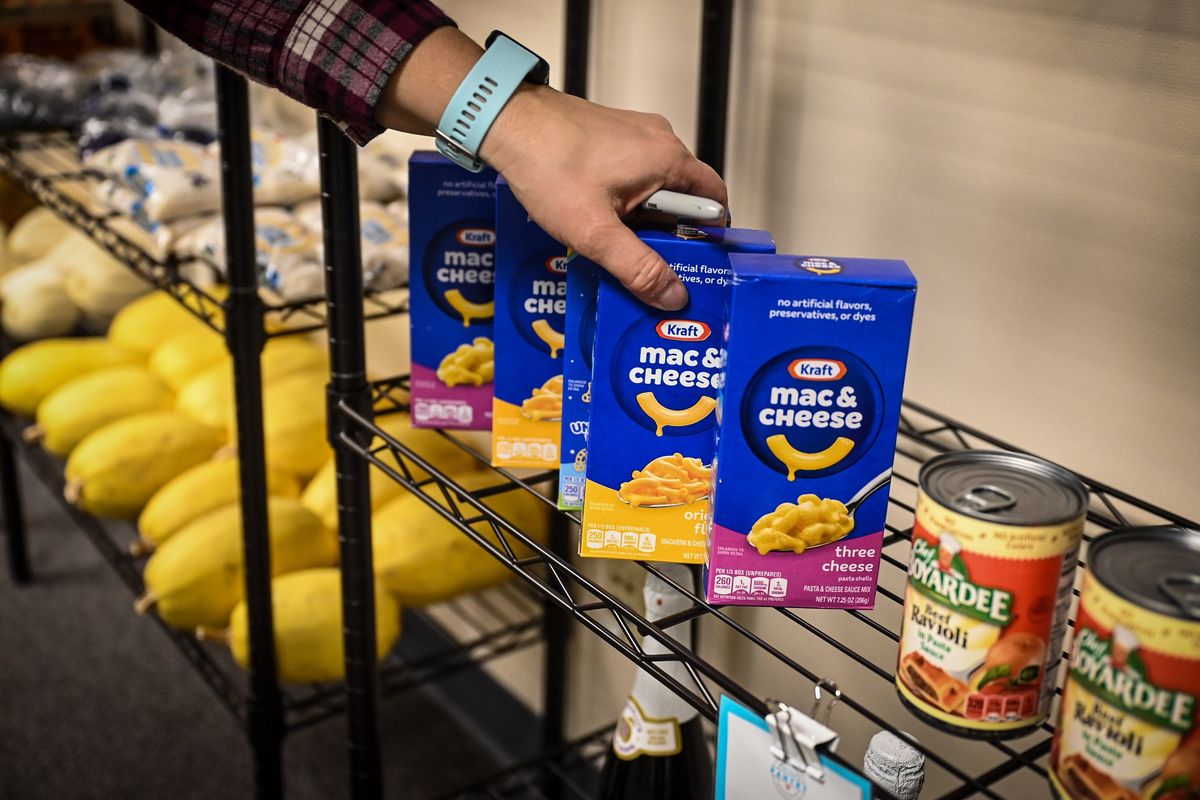 Mac and cheese is a popular item on the shelves at the Fairchild food pantry, Thursday, Feb. 15, 2024.  (DAN PELLE/THE SPOKESMAN-REVIEW)