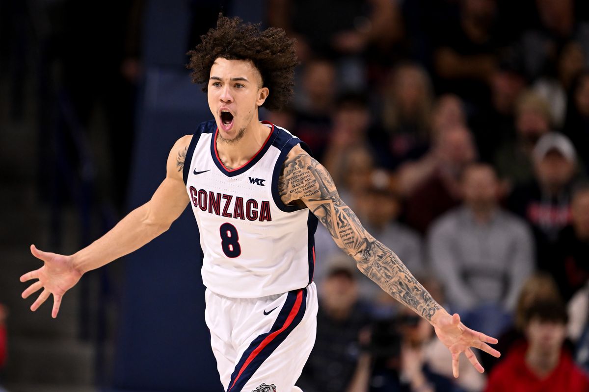 Gonzaga Bulldogs guard Jalen Warley (8) reacts during the first half of a college basketball game against the LMU (CA) Lions on Sunday, Jan 4, 2026, at McCarthey Athletic Center in Spokane, Wash.  (Tyler Tjomsland/The Spokesman-Review)