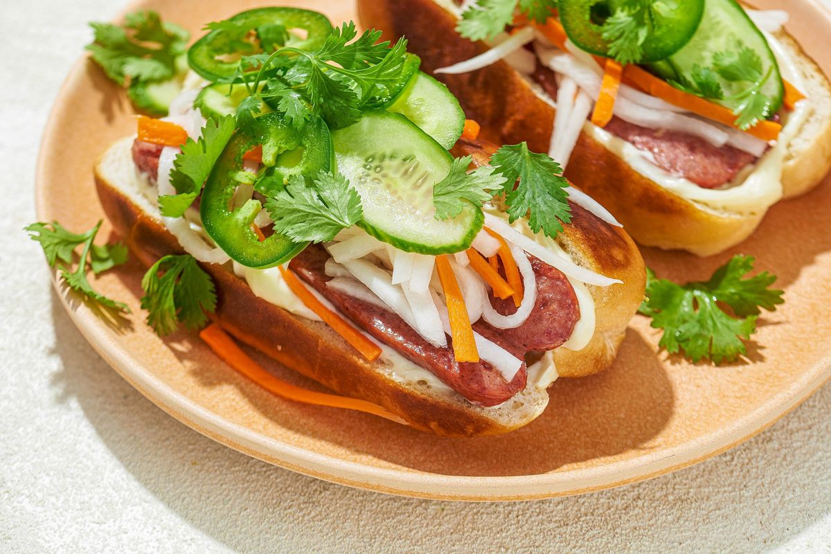 This hot dog banh mi will help you think bigger when using leftovers. MUST CREDIT: Photo for The Washiington Post by Rey Lopez  (Rey Lopez/For The Washington Post)