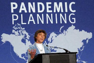 
Dr. Kim Thorburn, health officer for the Spokane Regional Health District, speaks to the roughly 1,000 health workers, government officials, military members, school representatives and business people gathered to discuss the pandemic threat. 
 (Richard Roesler / The Spokesman-Review)