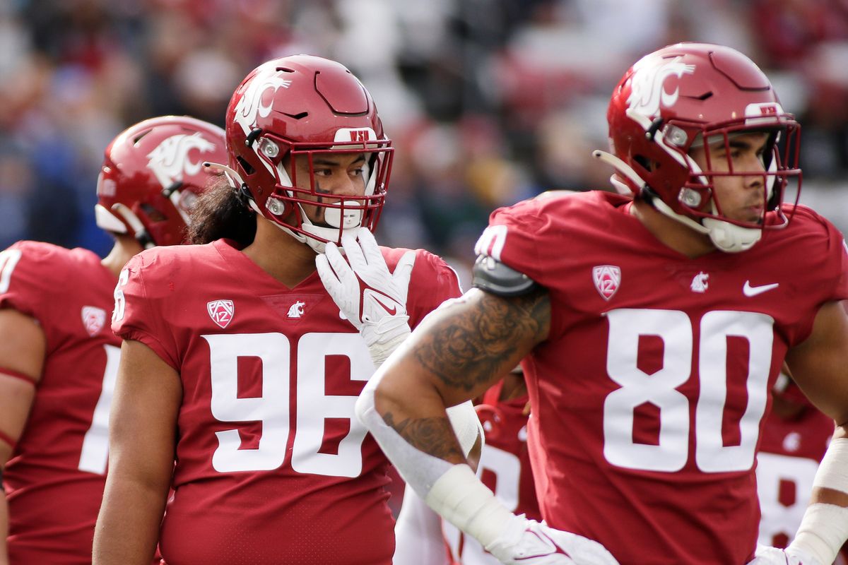 Washington State defensive tackle Antonio Pule (96) and edge Brennan Jackson (80) await a play call during a nonconference game against BYU on Oct. 23 in Pullman.  (Associated Press)