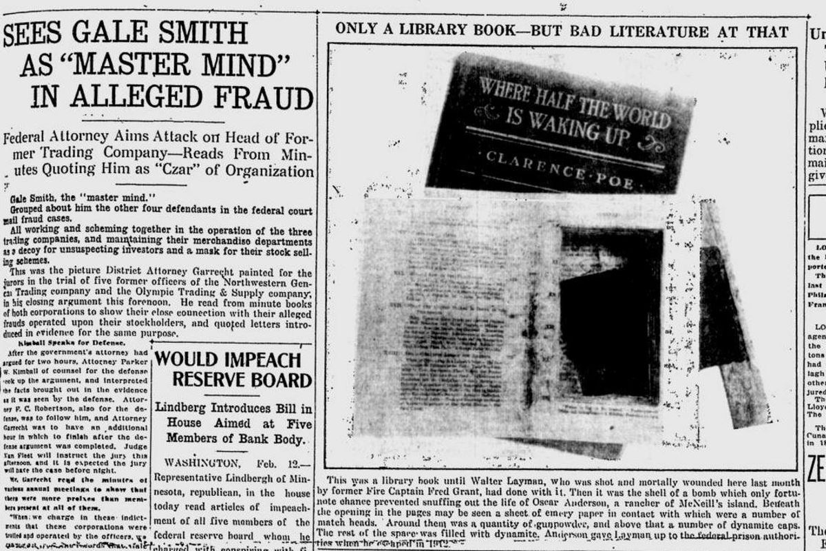 Walter Layman, who recently had died in Spokane after being shot, was accused of turning this library book into a bomb that was sent to the home of a farmer on McNeil Island, the Spokane Daily Chronicle reported on Feb. 12, 1917. (Spokesman-Review archives)