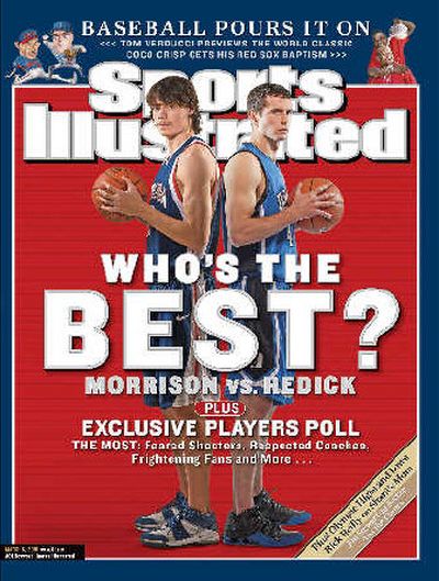 This week's Sports Illustrated cover features college basketball stars Adam Morrison of Gonzaga and J.J. Redick of Duke.
 (Courtesy of  Sports Illustrated / The Spokesman-Review)