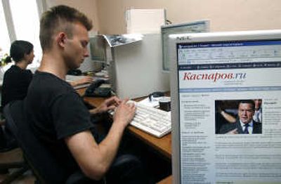 
Activists of oppositional United Civil Front, led by former world chess champion Garry Kasparov, work with their party Web site June 14 in Moscow. Associated Press
 (Associated Press / The Spokesman-Review)