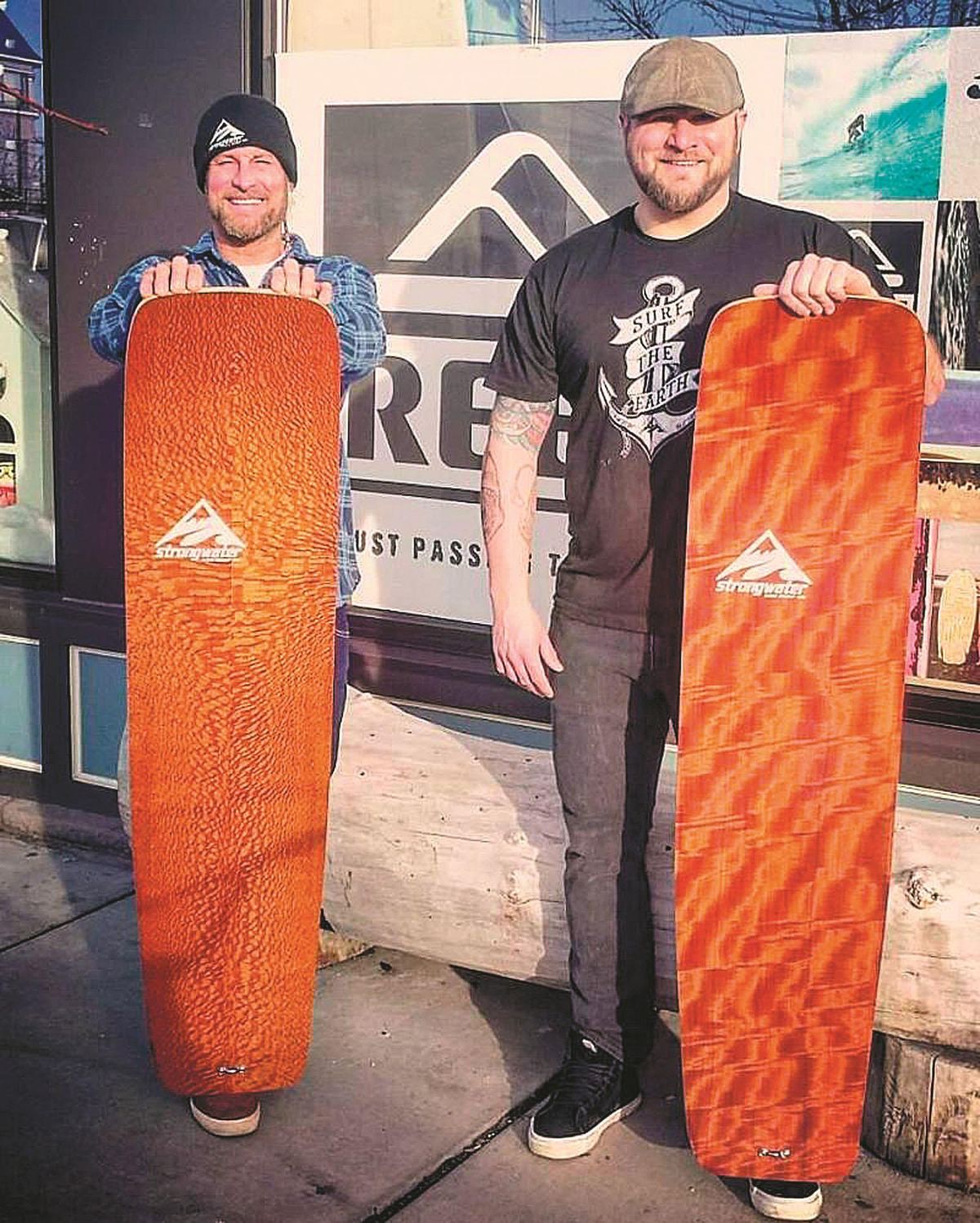 Luke Rieker and K.B. Brown of Strongwater Mnt. Surf Co. at Missoula, Mont., display powder boards, binding-free boards designed to be used on backcountry slopes. (COURTESY PHOTO / Courtesy of Luke Rieker)