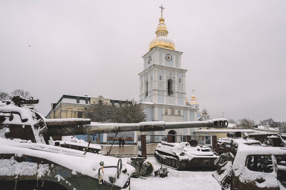 Snow covers an exhibit of destroyed Russian military equipment and vehicles in Kyiv, Ukraine, on Nov. 22. MUST CREDIT: Andrew Kravchenko/Bloomberg.  (Andrew Kravchenko/Bloomberg)