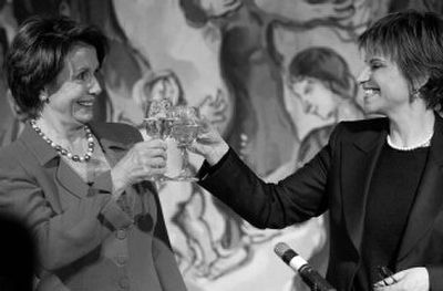 
 U.S. House Speaker Nancy Pelosi, left, and Israeli Knesset speaker Dalia Itzak toast during an official dinner at the Knesset, Israel's parliament, in Jerusalem on Sunday. 
 (Associated Press / The Spokesman-Review)