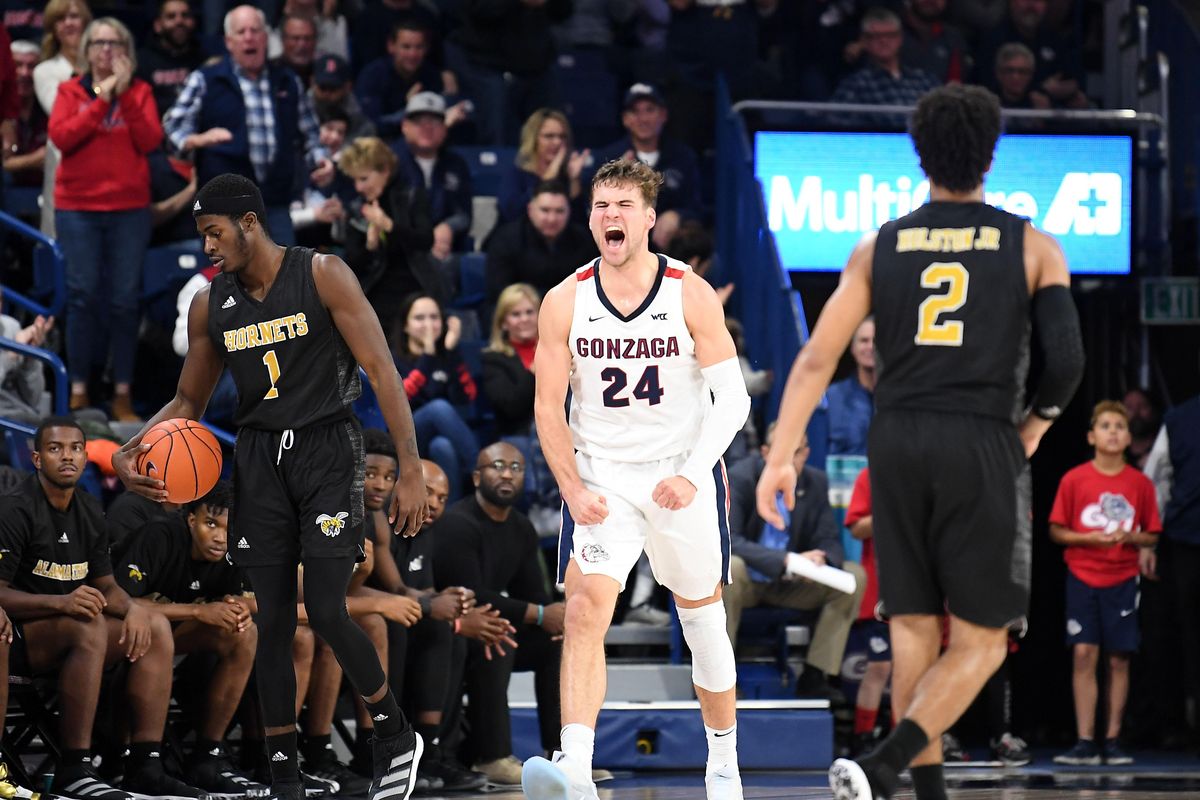 Gonzaga Bulldogs forward Corey Kispert (24) reacts after he dunked the ball and forced a timeout by Alabama State during the second half of a college basketball game on Tuesday, November 5, 2019, in Spokane, Wash. Gonzaga won the game 95-64. (Tyler Tjomsland / The Spokesman-Review)