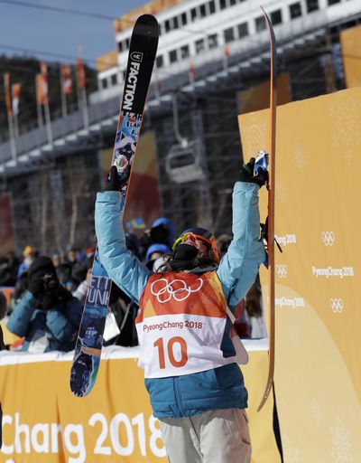 Gold medal winner Sarah Hoefflin, of Switzerland, reacts to her score during the women’s slopestyle finals at Phoenix Snow Park at the 2018 Winter Olympics in Pyeongchang, South Korea, Saturday, Feb. 17, 2018. (Gregory Bull / Associated Press)