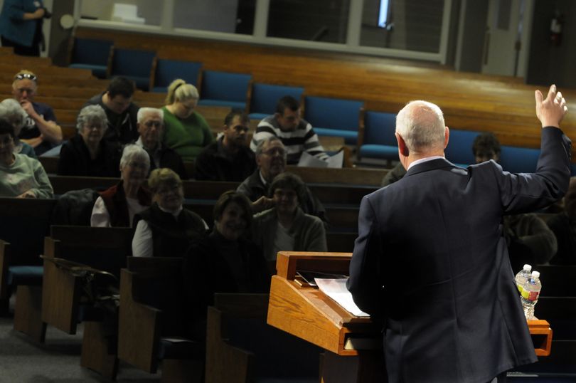 Spokane Valley Mayor Tom Towey stood at the pulpit at Valley Fourth Memorial Church and gave his first State of the City address to about 50 people, Monday. (PHOTOS BY J. BART RAYNIAK)