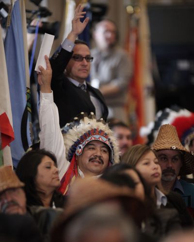 Audience members raise their hands to  question President Barack Obama on Thursday during the Tribal Nations Conference in Washington, D.C.  (Associated Press / The Spokesman-Review)