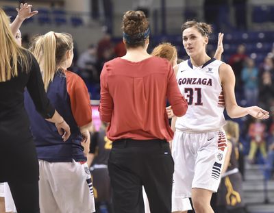 Gonzaga guard Elle Tinkle, right, will miss the rest of the season due to a knee injury. (Tyler Tjomsland / The Spokesman-Review)