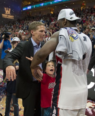 Mark Few has a hug for the player of the game, Gary Bell Jr. (Colin Mulvany)