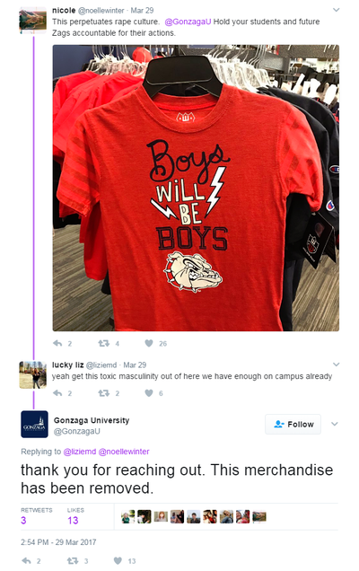 This shirt has been removed from Gonzaga University merchandise after a backlash on social media. (Twitter)