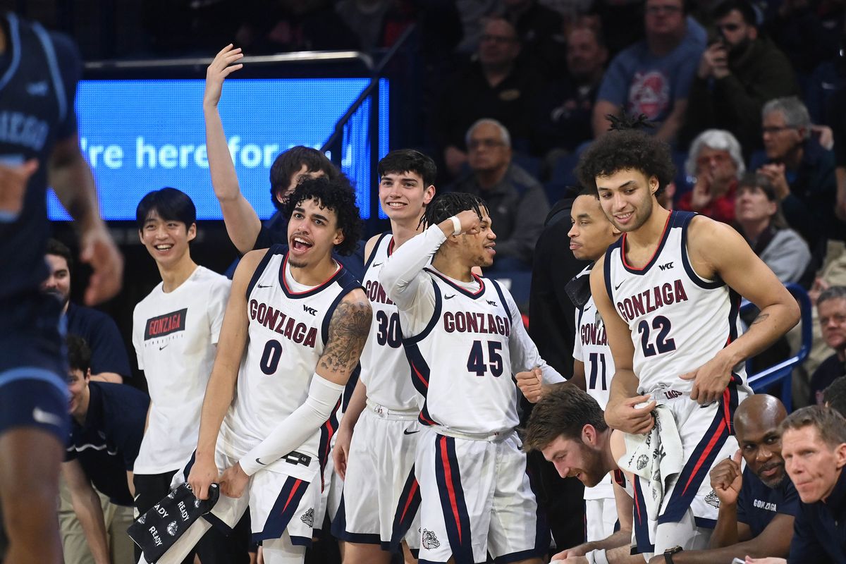 Players on the Gonzaga bench react to a score late in the second half of Thursday’s 97-72 win over San Diego at McCarthey Athletic Center.  (COLIN MULVANY/THE SPOKESMAN-REVIEW)