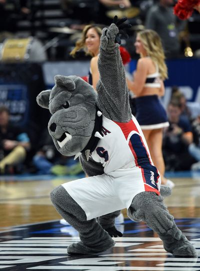 Gonzaga mascot Spike dances during a timeout during the second half of a first round men's college basketball game in the 2019 NCAA tournament. The university has launched an international sports management internship program in Italy.  (COLIN MULVANY)