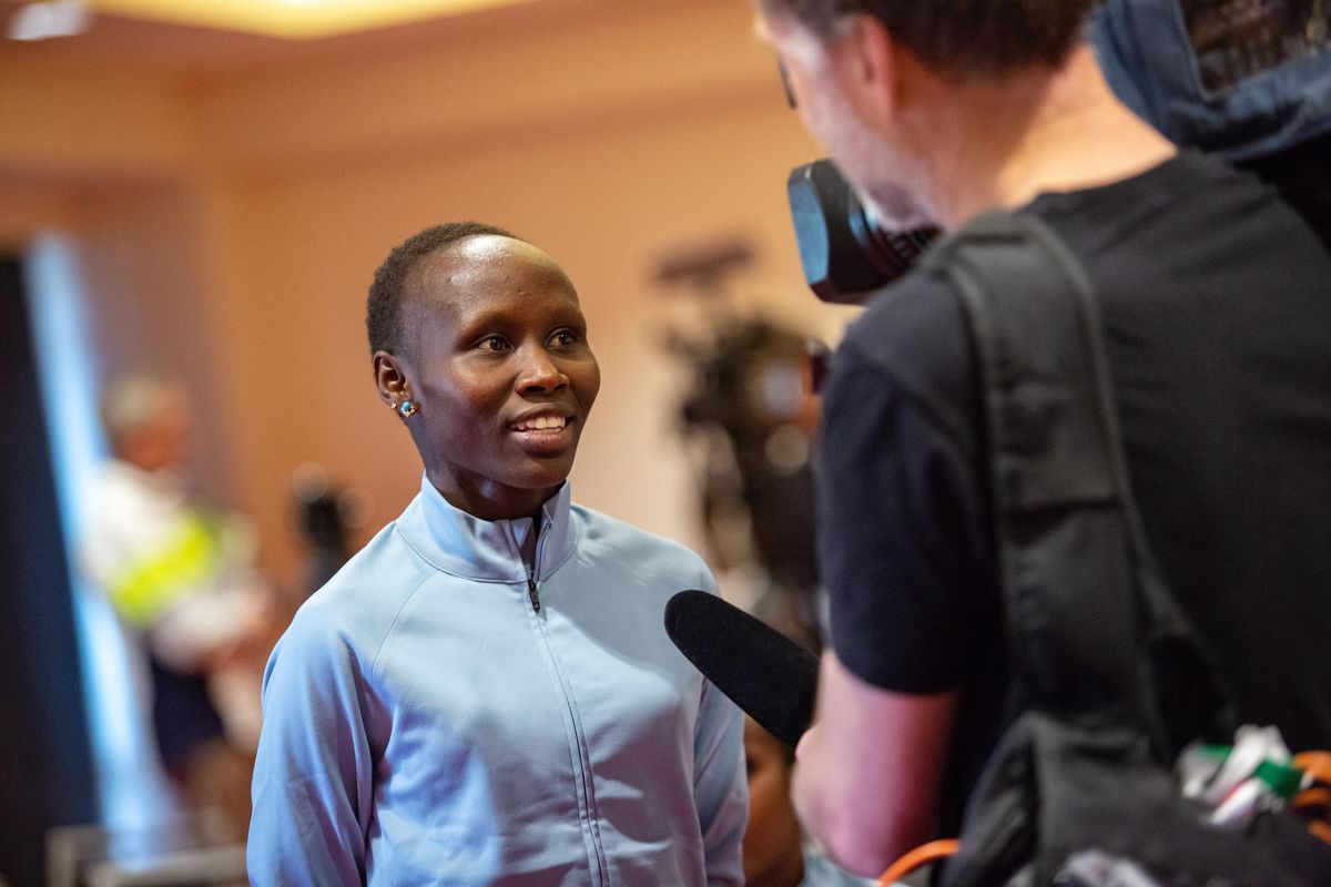 Top female elite runners Rosemary Wanjiru of Kenya gives an interview with Krem following a press conference on the Bloomsday Elite competitors at the Davenport Grand Hotel on Thursday, May 2, 2019. Wanjiru has the fastest 10 mile time in the world in 2019 with a time of 50:42 at the Cherry Blossom 10 Mile, which qualifies her to be eligible for the $10,000 Super Bonus from the PRRO racing circuit if she win