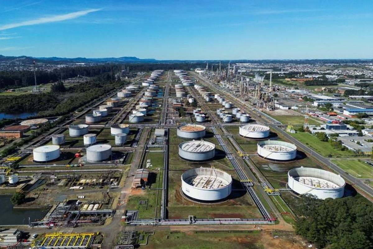 A drone view shows storage tanks and processing units at Petrobras