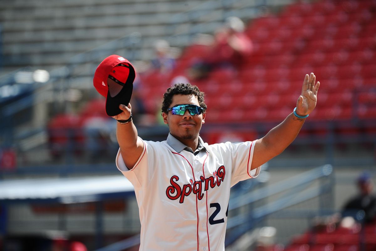 Isaias Quiroz (24) reacts after winning the introduction contest during Spokane Indians