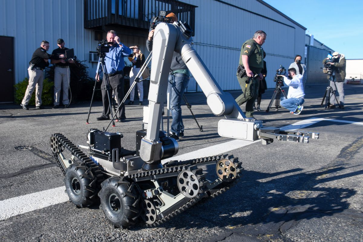 The Spokane Regional Explosive Disposal Unit's new bomb robot, the Telerob, is rolled out for the media, Tuesday, April 27, 2021, at Felts Field.  (Dan Pelle/THE SPOKESMAN-REVIEW)