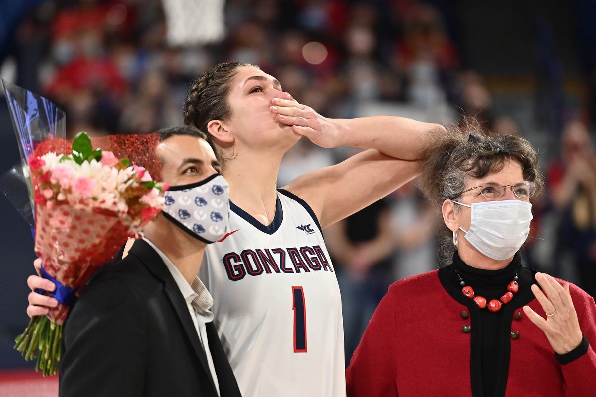 Gonzaga Bulldogs forward Anamaria Virjoghe (1) reacts to a video message from her parents during Senior Day at the McCarthey Athletic Center on Saturday, Feb. 26, 2022 in Spokane WA. (James Snook-for Spokesman Review)  (James Snook)