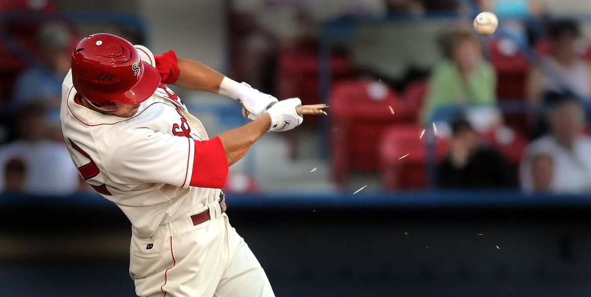 Spokane Indians outfielder Aja Barto, who leads the team in hitting, shatters his bat during Tuesday’s game against Tri-Cities. (Christopher Anderson / The Spokesman-Review)