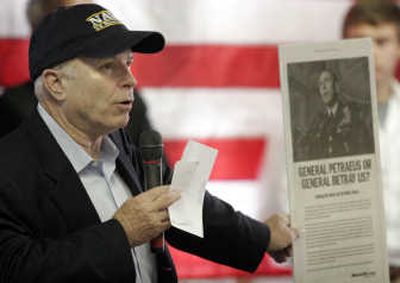 
Republican presidential hopeful Sen. John McCain blasts a newspaper ad by the liberal group MoveOn.org that criticized the top military commander in Iraq, Gen. David Petraeus. Associated Press
 (Associated Press / The Spokesman-Review)