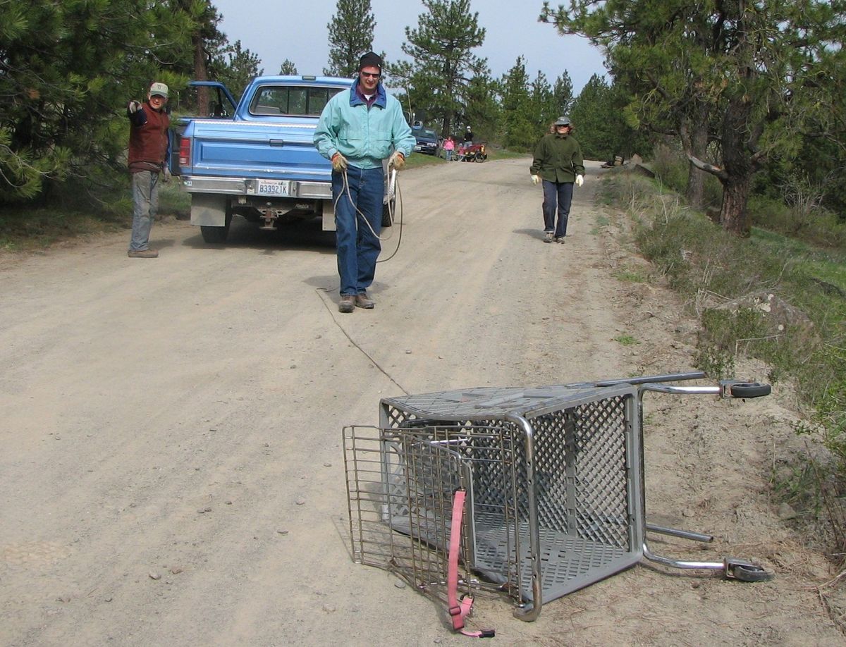 Vic Castleberry, left, Kevin Orenstein and Julia McHugh pitch in Saturday during the annual neighborhood cleanup day for Palisades Park. They used a truck to pull the dumped shopping cart up the hillside.  (Photos by Pia Hallenberg Christensen / The Spokesman-Review)