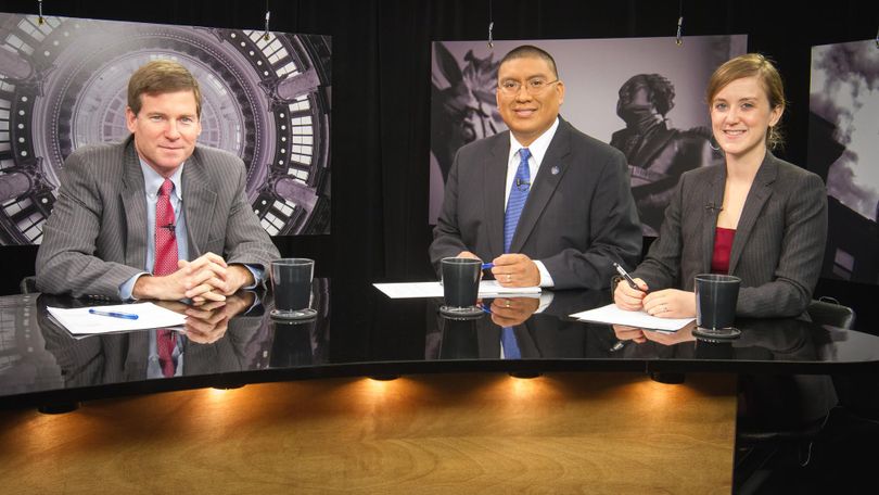 John Kotek, left, joins co-hosts Aaron Kunz and Melissa Davlin on Friday's 