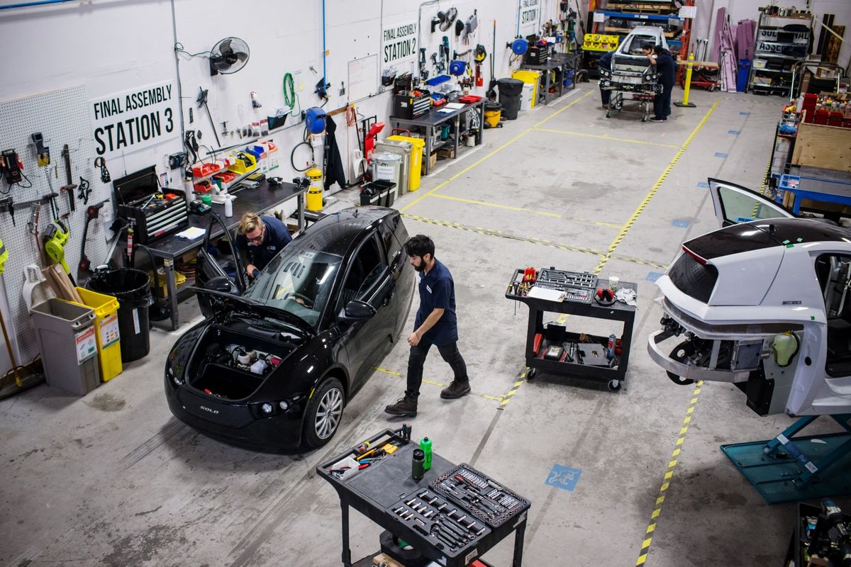 An ElectraMeccanica SOLO car at the company’s production facility in Canada in 2018.  (Ben Nelms/Bloomberg)