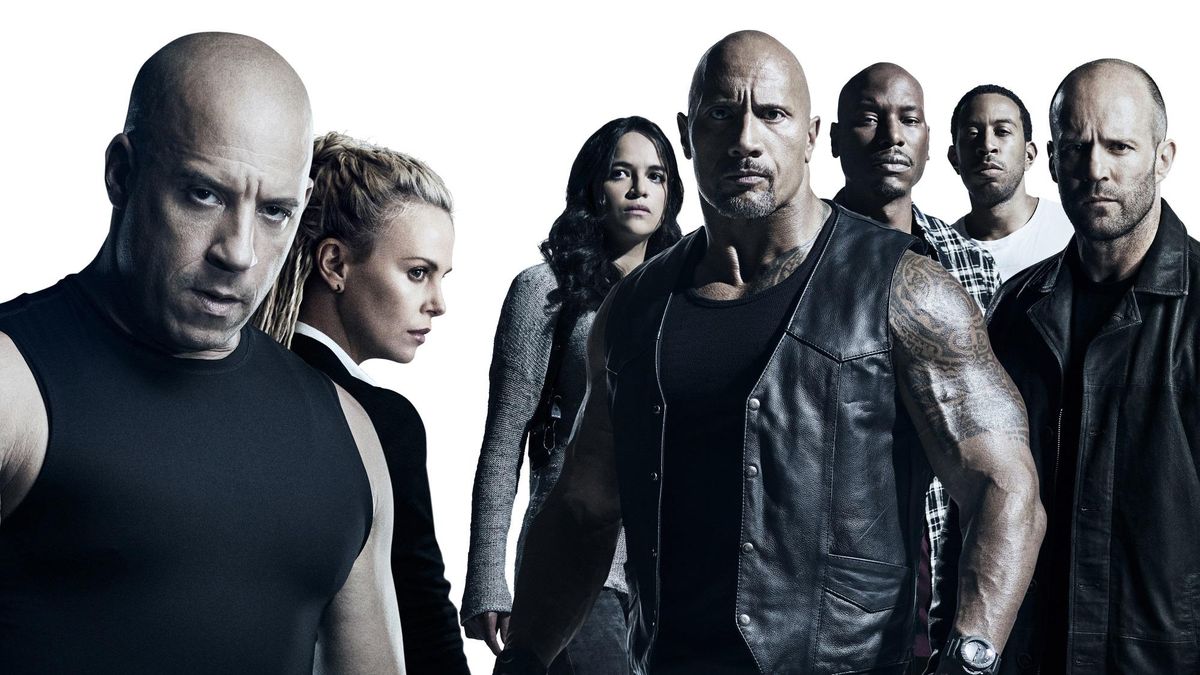 Vin Diesel, Charlize Theron, Dwayne Johnson, and the cast of “The Fate of the Furious.” (Universal Pictures)