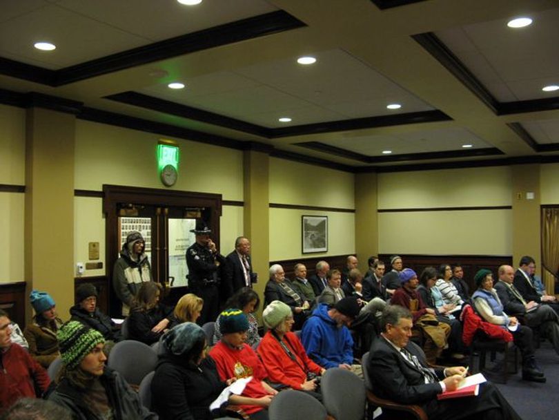 The crowd for a House State Affairs Committee meeting on Wednesday morning included nearly two dozen Occupy Boise supporters; in the front row is House Assistant Majority Leader Scott Bedke, R-Oakley, lead sponsor of a bill to evict the encampment from state property. (Betsy Russell)