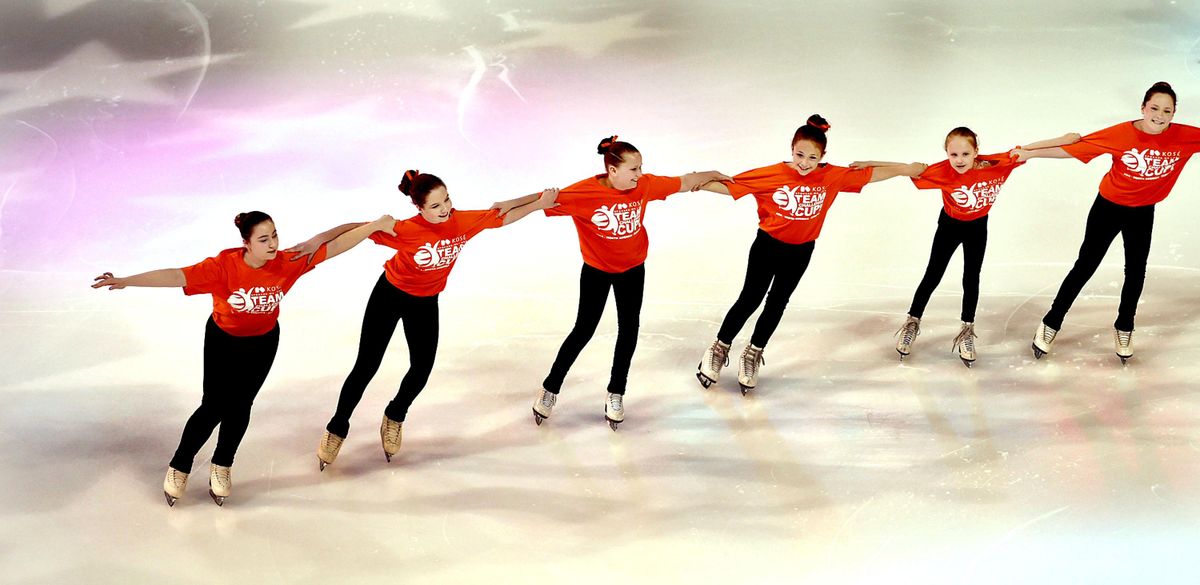 Local skaters from Spokane Figure Skating Club, Lake City Figure Skating Club, Lilac City Figure Skating Club and Inland Northwest Figure Skating Club perform the opening routine on the last day of the 2016 Team Challenge Cup on Sunday at the Spokane Arena. (Kathy Plonka / The Spokesman-Review)