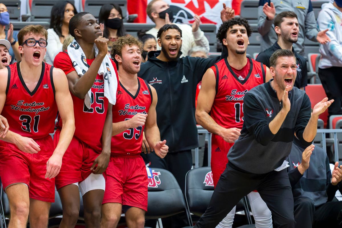 The Eastern Washington bench reacts to a score in the second half of a game against Washington State on Saturday, Nov. 27, 2021, at Beasley Coliseum in Pullman.  (Geoff Crimmins/ For The Spokesman-Review)