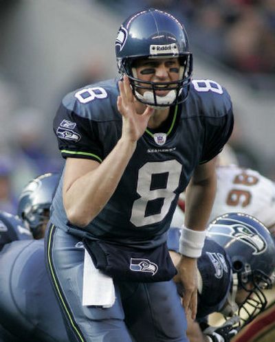 Seattle QB Matt Hasselbeck dialed up four touchdown passes against San Francisco.
(Associated Press / The Spokesman-Review)