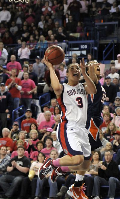 Gonzaga’s Haiden Palmer scores a fast-break layup against Lauren Bell. (Jesse Tinsley)