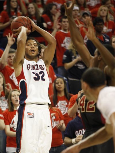 Gonzaga's Steven Gray shoots for three against Santa Clara during the first half of their NCAA college basketball game at the McCarthey Athletic Center in Spokane, Wash. Thursday, Feb. 25, 2010. (Rajah Bose / Fr120940 Ap)