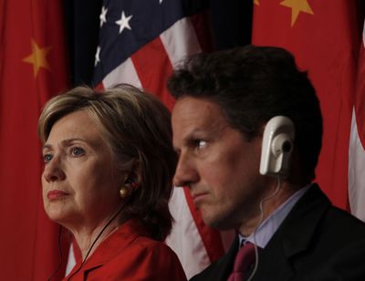 Secretary of State Hillary Rodham Clinton and Treasury Secretary Timothy Geithner at the U.S.-China Strategic and Economic Dialogue on Tuesday.  (Associated Press / The Spokesman-Review)
